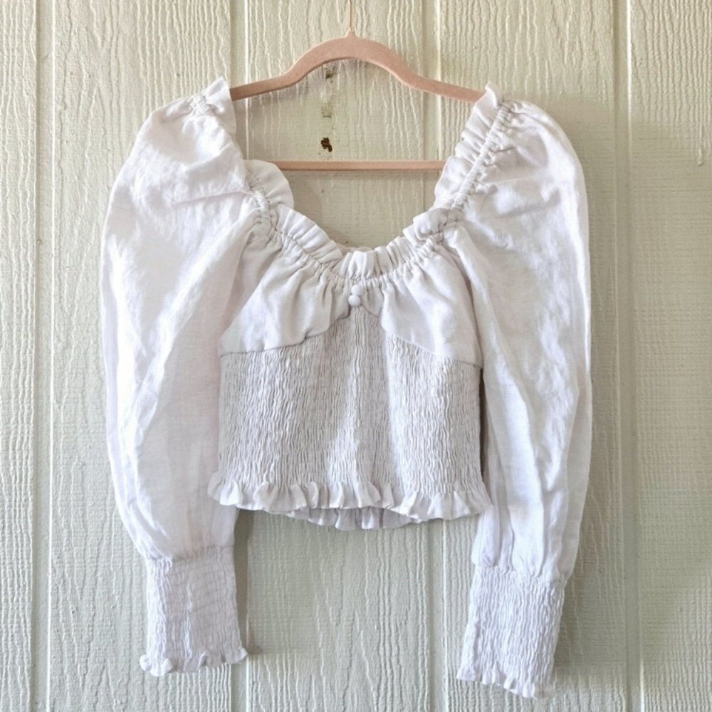 Faithfull The Brand Bel Rose Linen Off the Shoulder Crop Top Peasant White sz 4